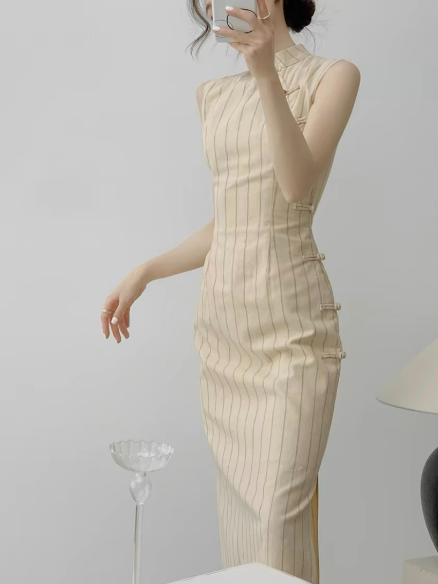 Xi Nin Stripe Linen Cheongsam-The Black Bow-