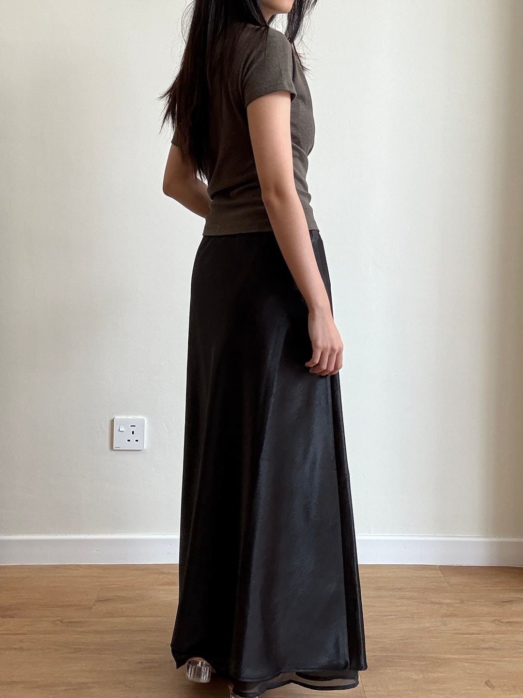 Gemma Sheer-Hem Layered Satin A-Line Maxi Skirt