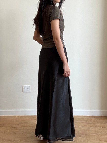 Gemma Sheer-Hem Layered Satin A-Line Maxi Skirt