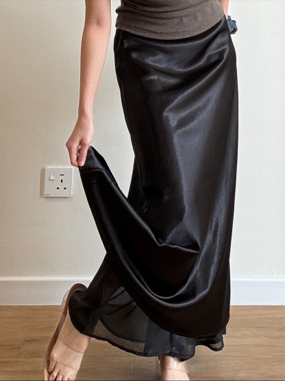 Gemma Sheer-Hem Layered Satin A-Line Maxi Skirt