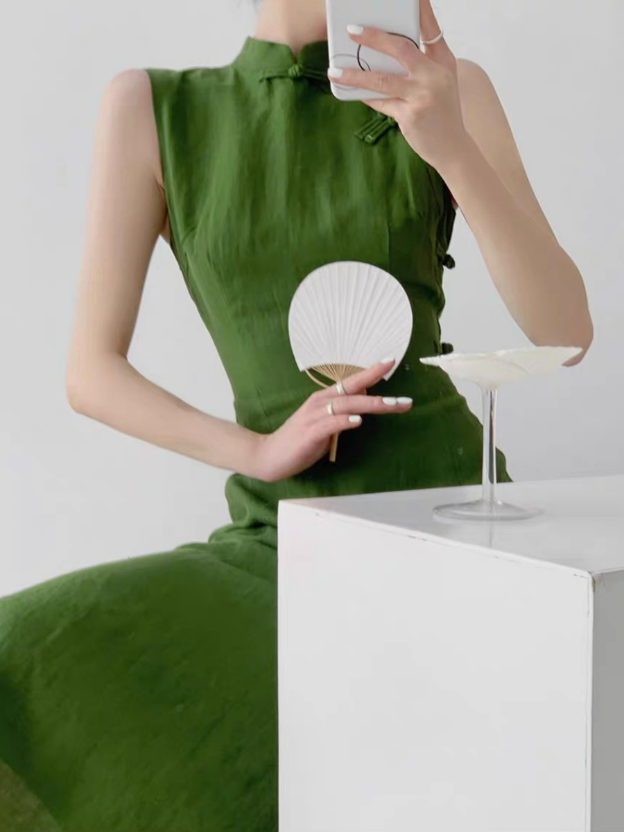 Xi Lv Linen Sleeveless Cheongsam-The Black Bow-