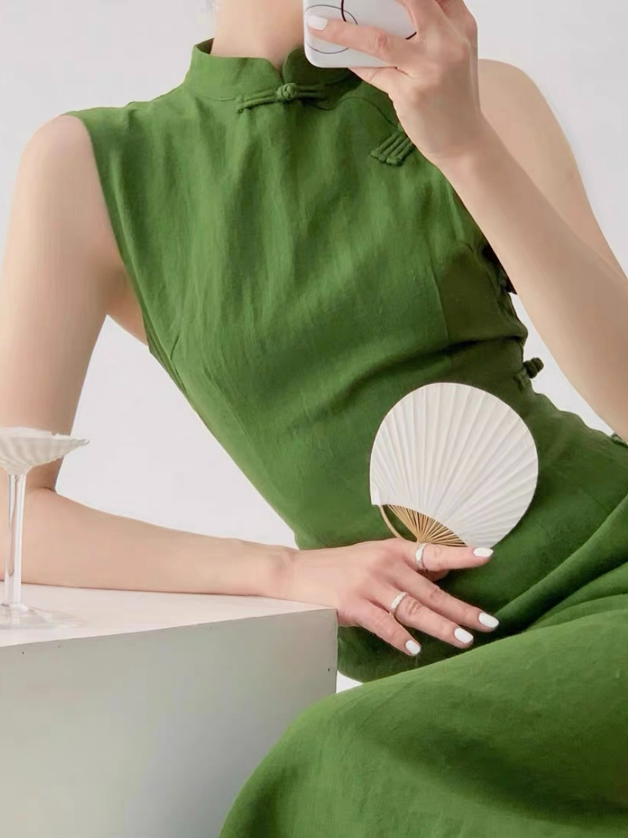 Xi Lv Linen Sleeveless Cheongsam-The Black Bow-