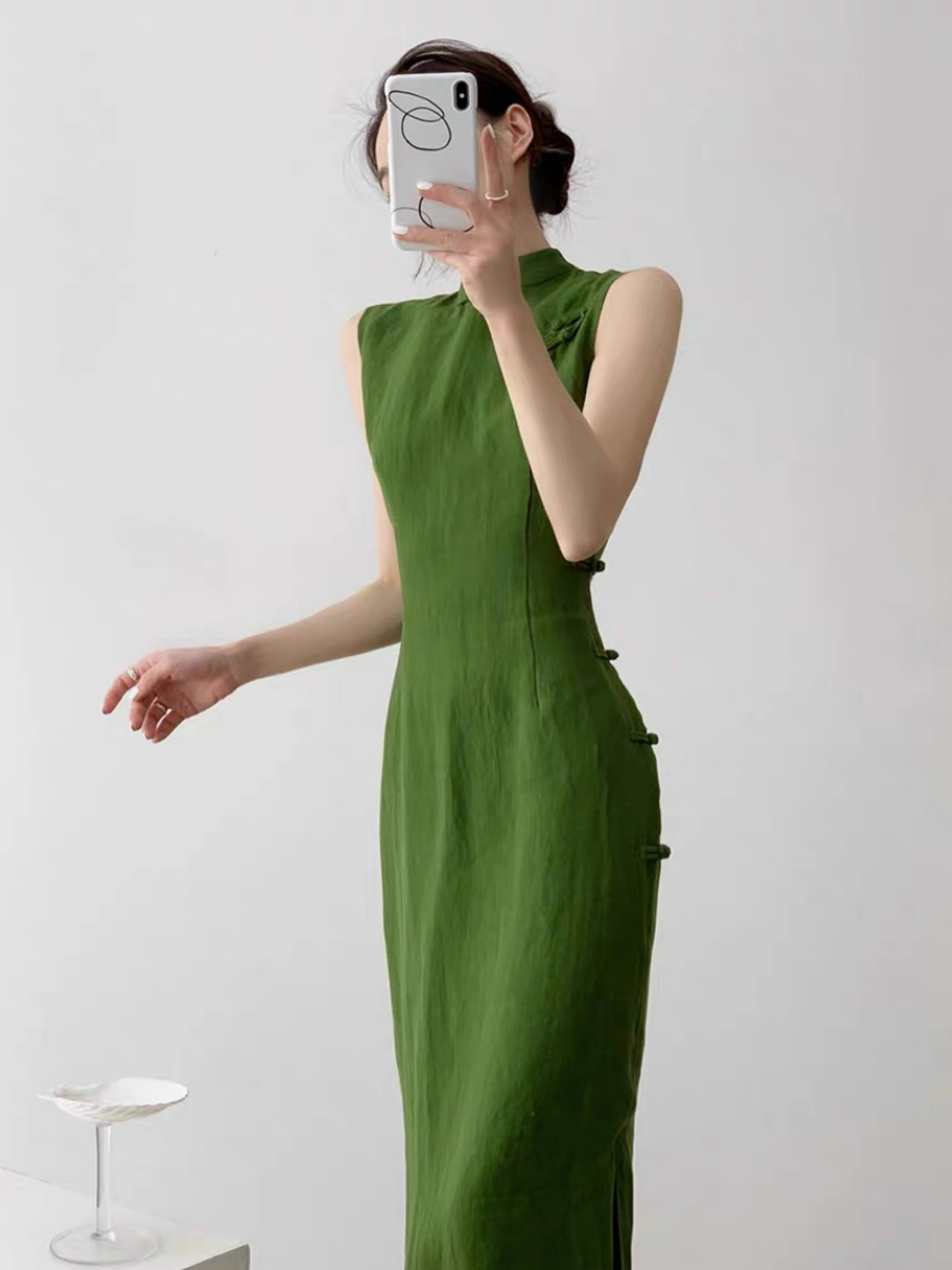 Xi Lv Linen Sleeveless Cheongsam-The Black Bow-