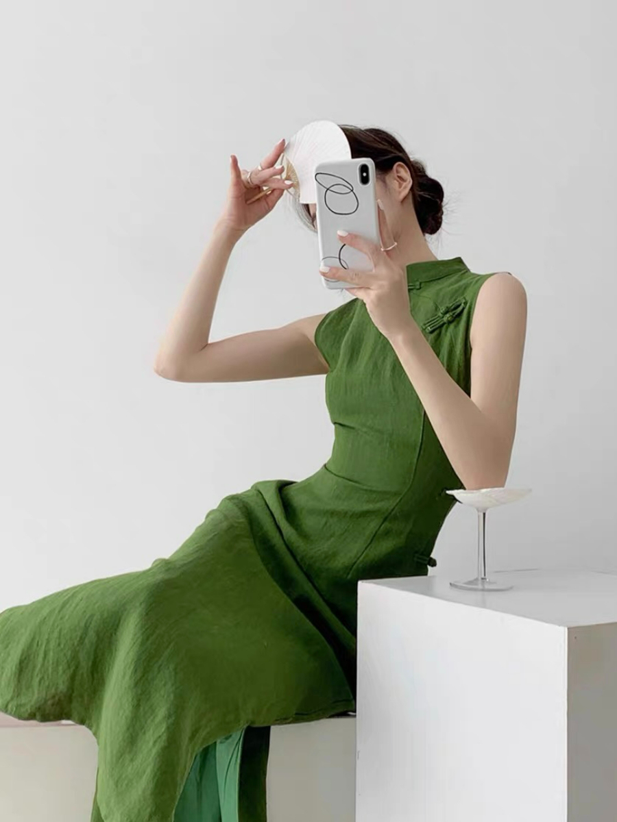 Xi Lv Linen Sleeveless Cheongsam-The Black Bow-