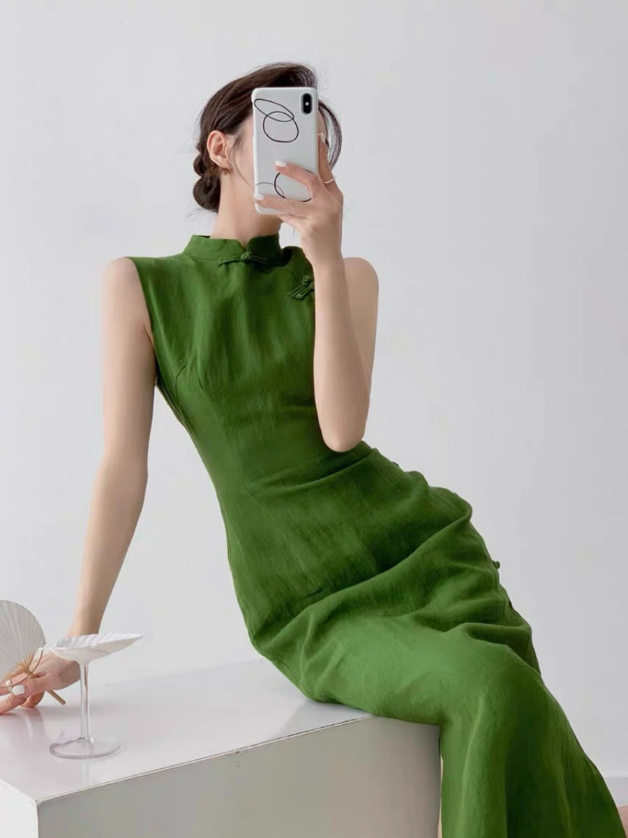 Xi Lv Linen Sleeveless Cheongsam-The Black Bow-