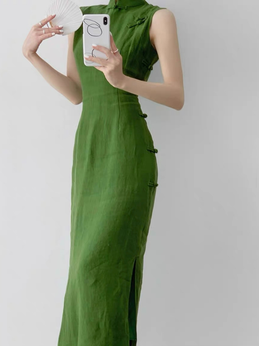 Xi Lv Linen Sleeveless Cheongsam-The Black Bow-