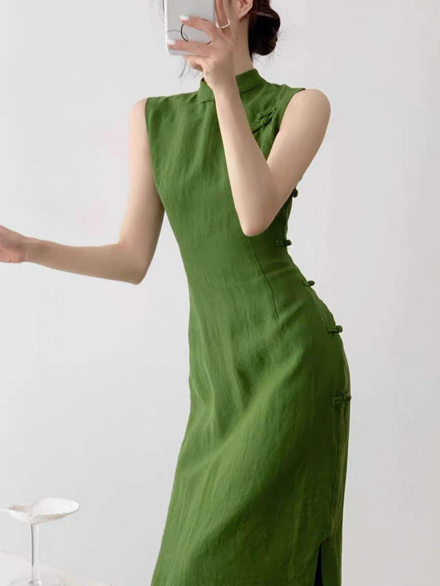 Xi Lv Linen Sleeveless Cheongsam-The Black Bow-