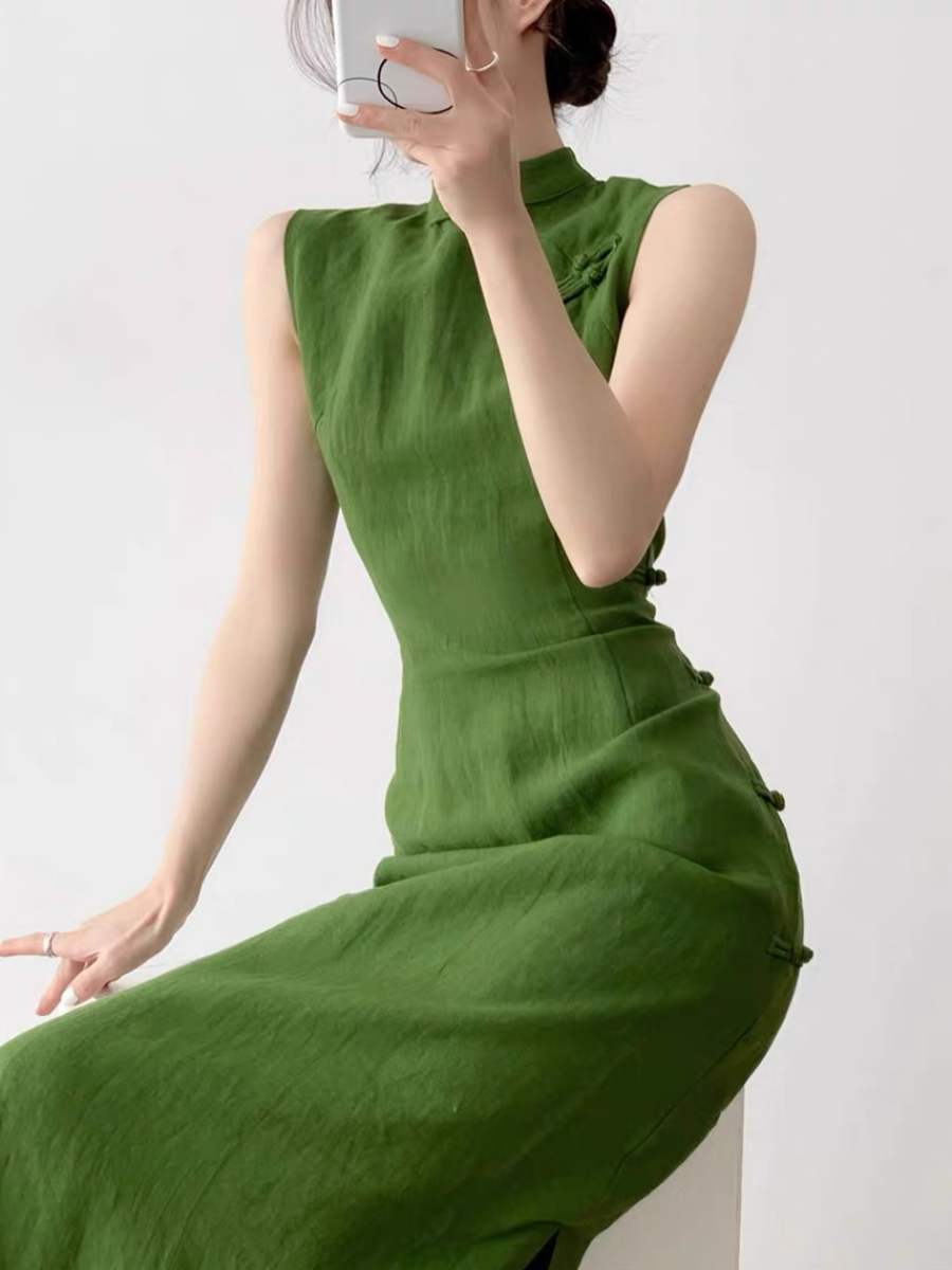 Xi Lv Linen Sleeveless Cheongsam-The Black Bow-