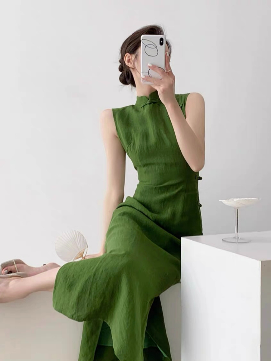 Xi Lv Linen Sleeveless Cheongsam-The Black Bow-