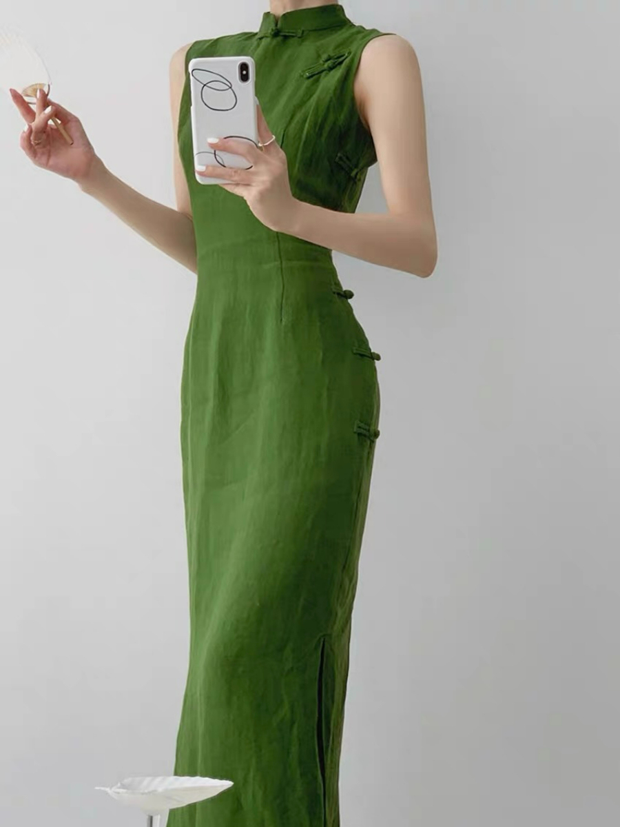 Xi Lv Linen Sleeveless Cheongsam-The Black Bow-