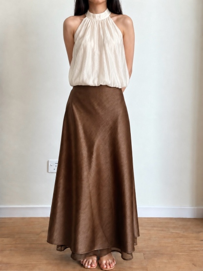 Gemma Sheer-Hem Layered Satin A-Line Maxi Skirt