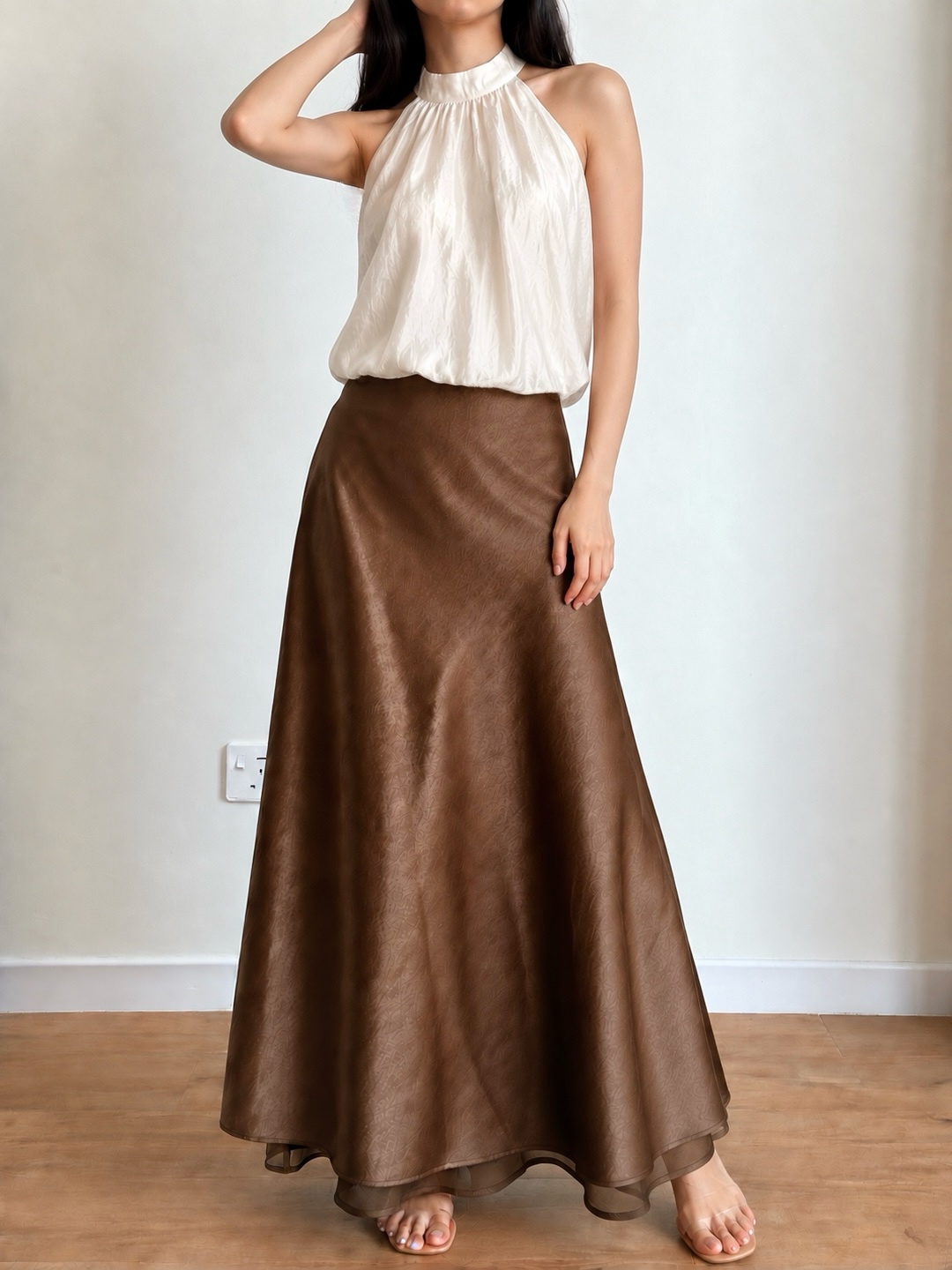 Gemma Sheer-Hem Layered Satin A-Line Maxi Skirt