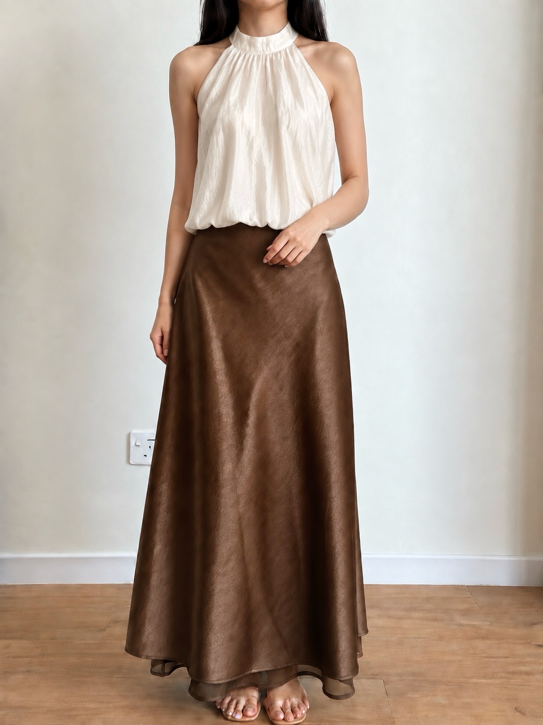 Gemma Sheer-Hem Layered Satin A-Line Maxi Skirt