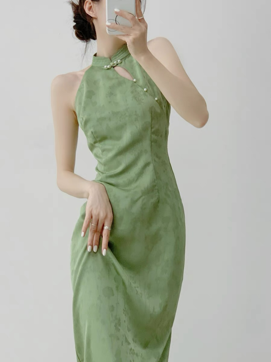 Xi Lang Halter Neck Sleeveless Cheongsam-The Black Bow-