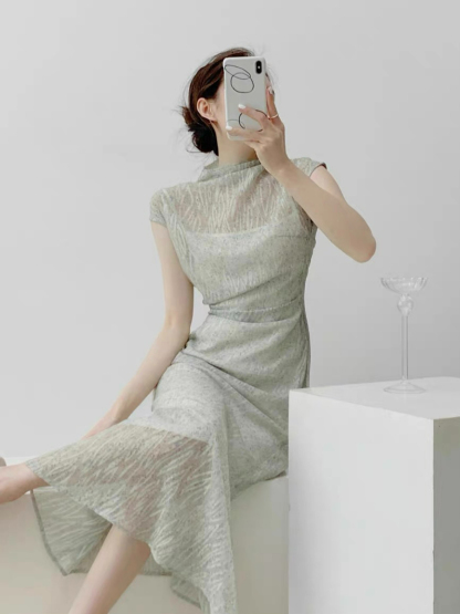 Xi Na Two Piece Sheer Cami Dress-The Black Bow-