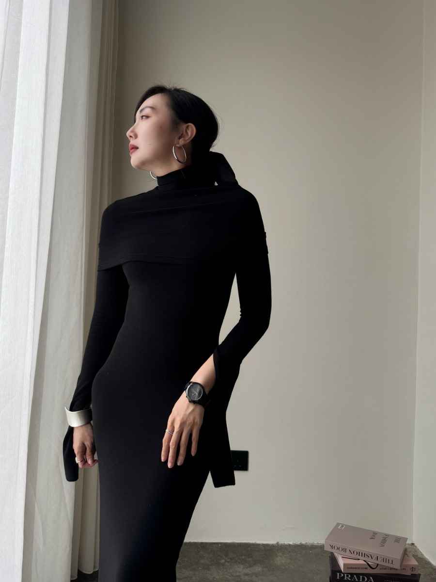 Zaaya Two Way Round Neck/ High Neck Padded Knit Dress