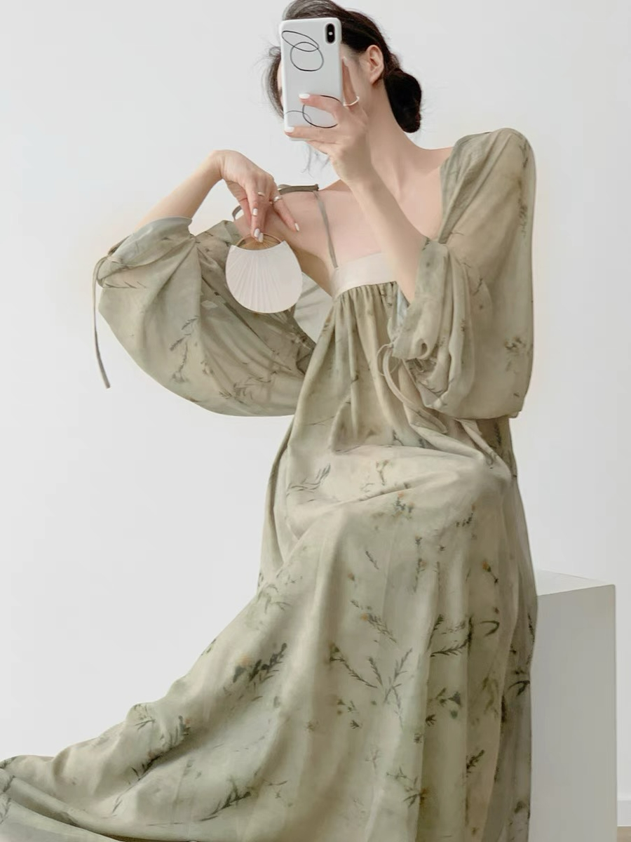 Xi Er Oriental Shoulder Tie Dress with Cardigan-The Black Bow-