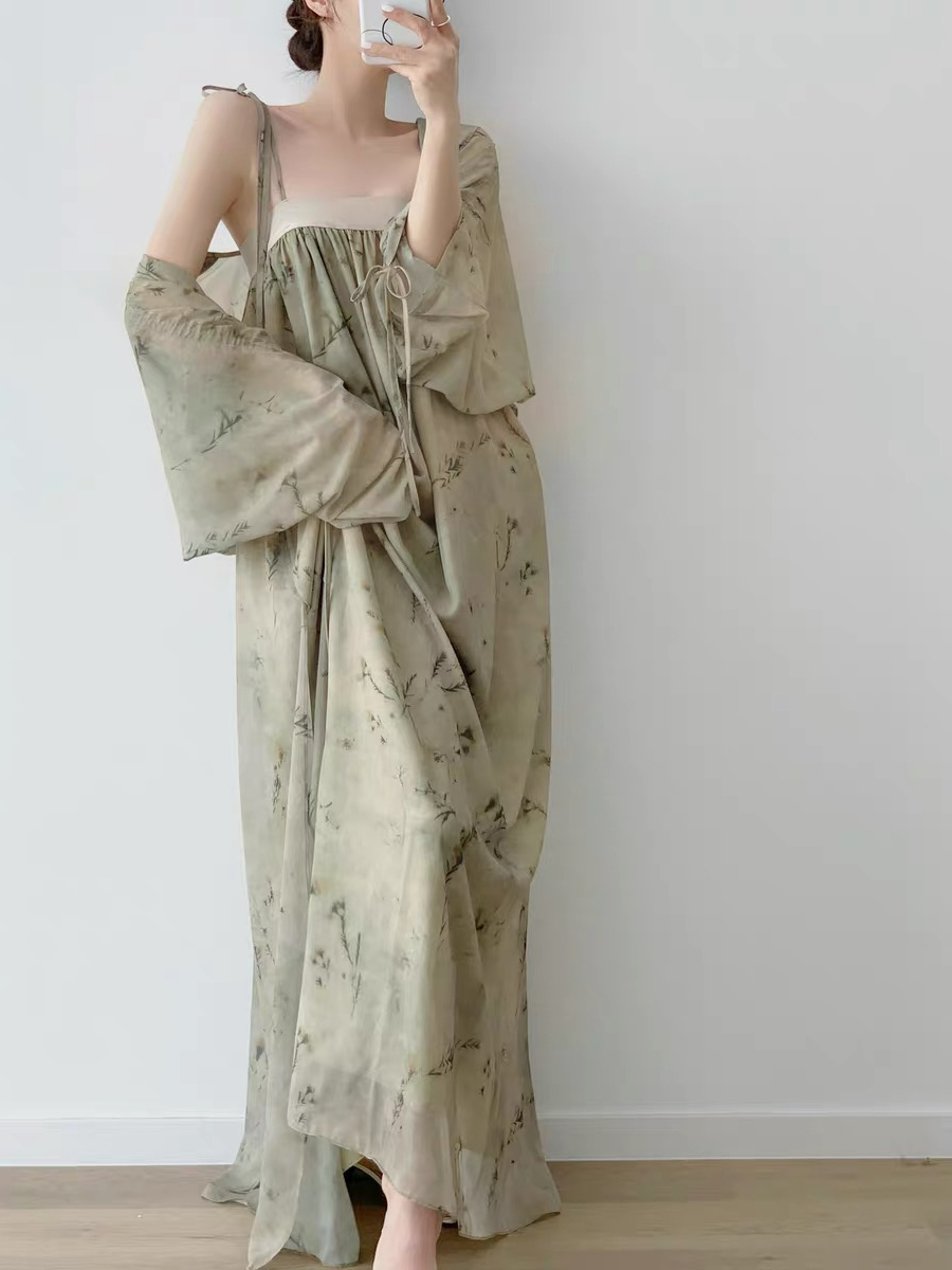 Xi Er Oriental Shoulder Tie Dress with Cardigan-The Black Bow-