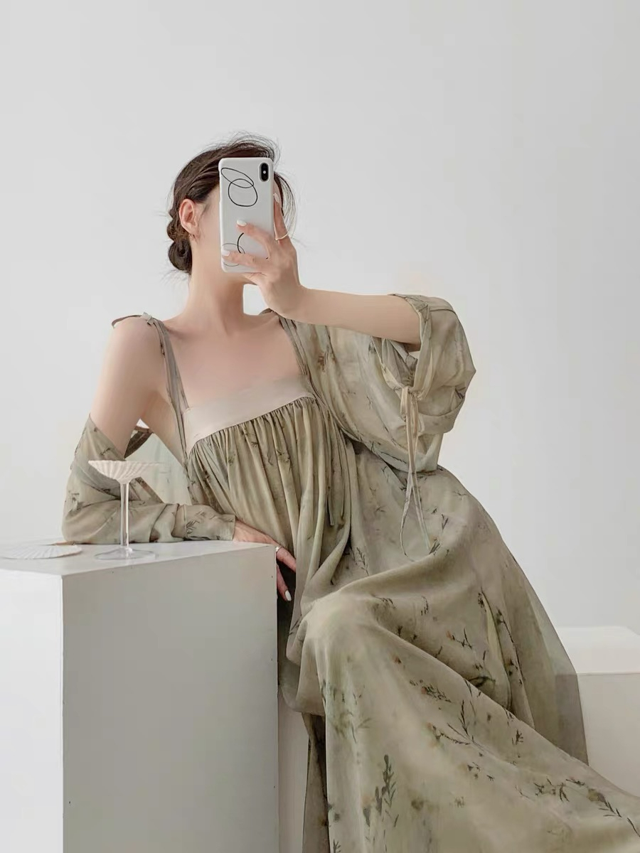 Xi Er Oriental Shoulder Tie Dress with Cardigan-The Black Bow-