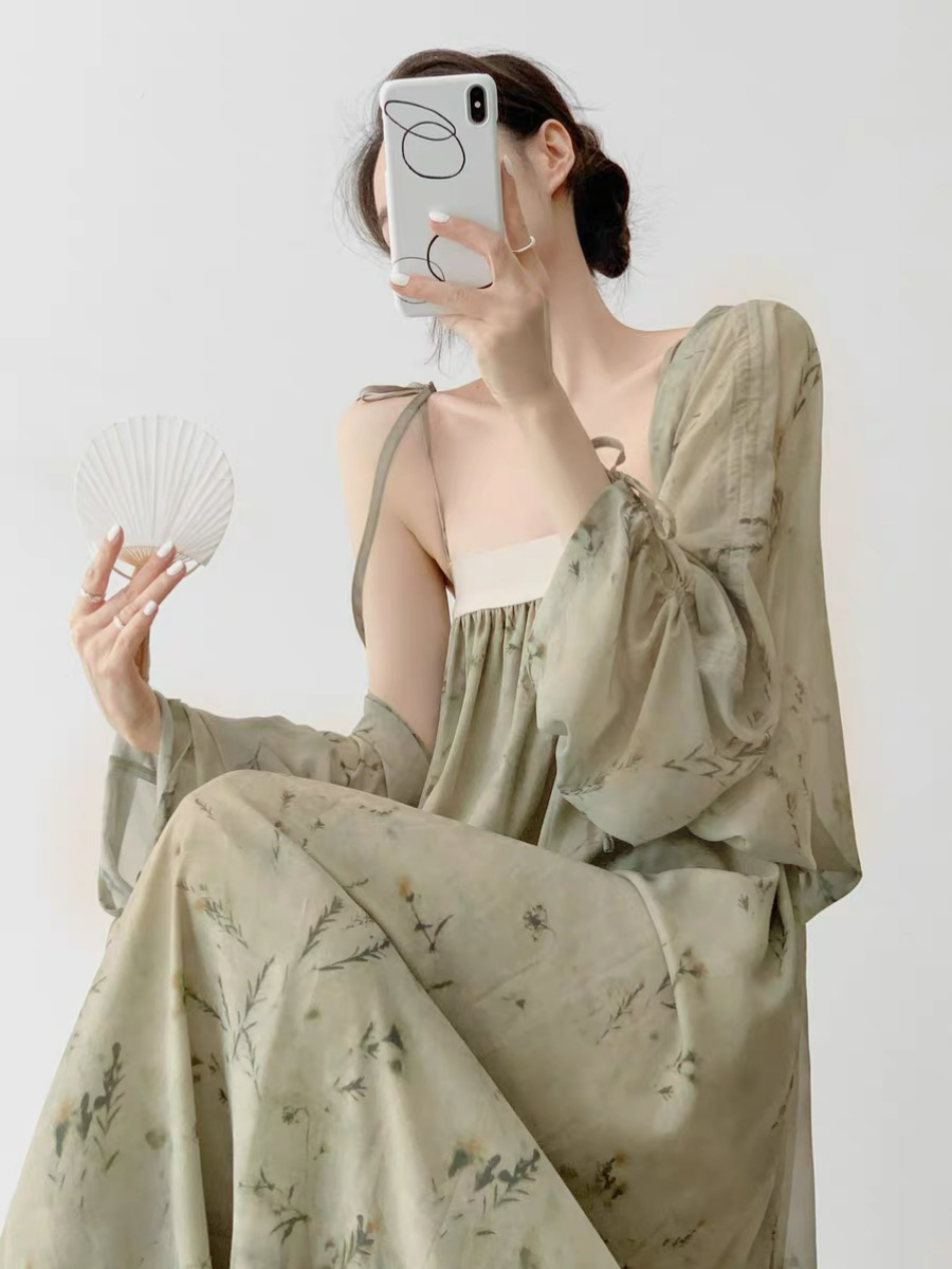 Xi Er Oriental Shoulder Tie Dress with Cardigan-The Black Bow-