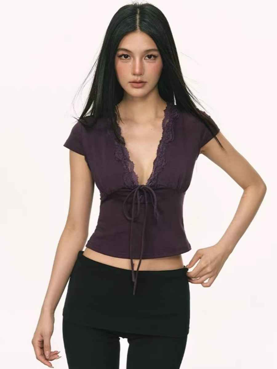 Omyra Deep-V Cut Lacey Trim Top