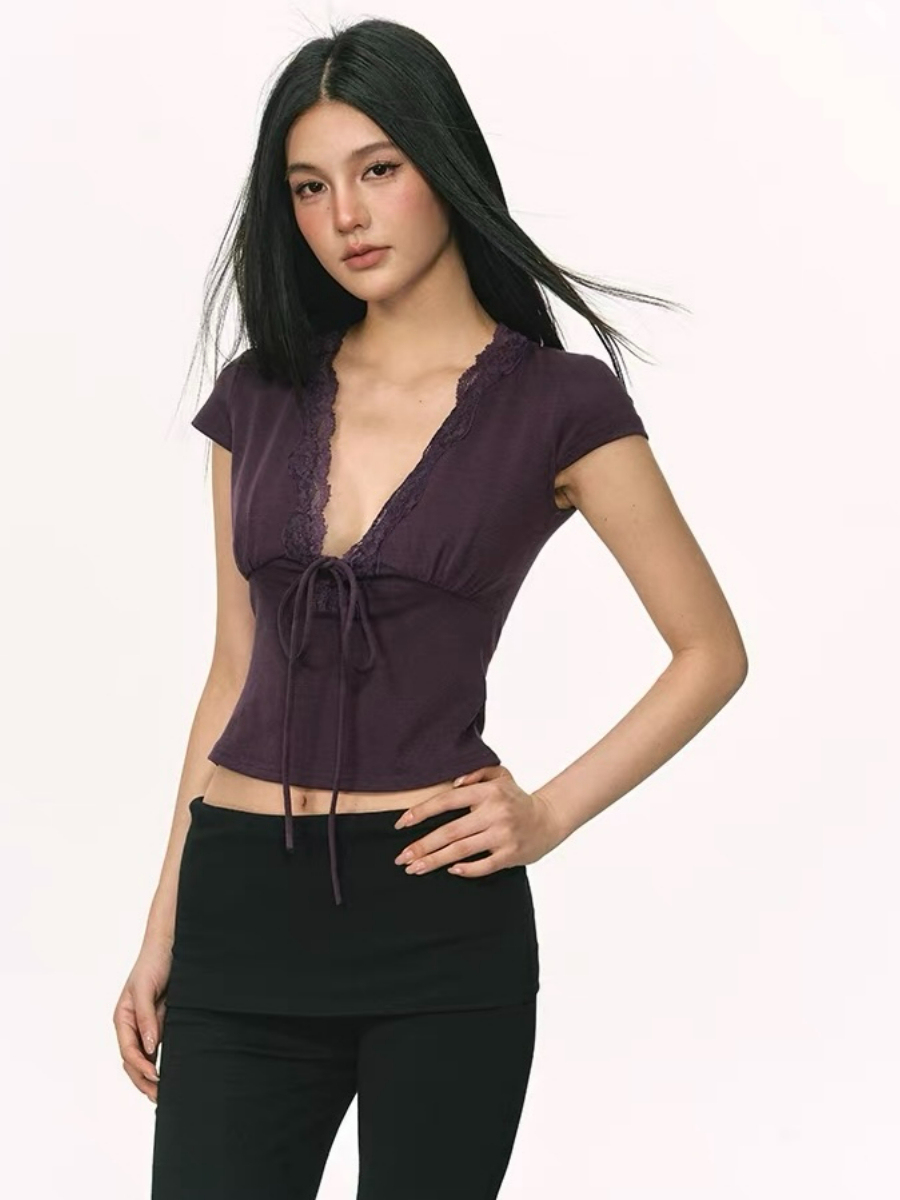 Omyra Deep-V Cut Lacey Trim Top