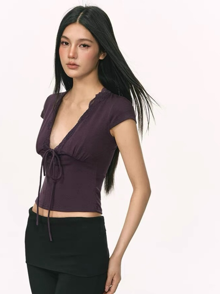 Omyra Deep-V Cut Lacey Trim Top