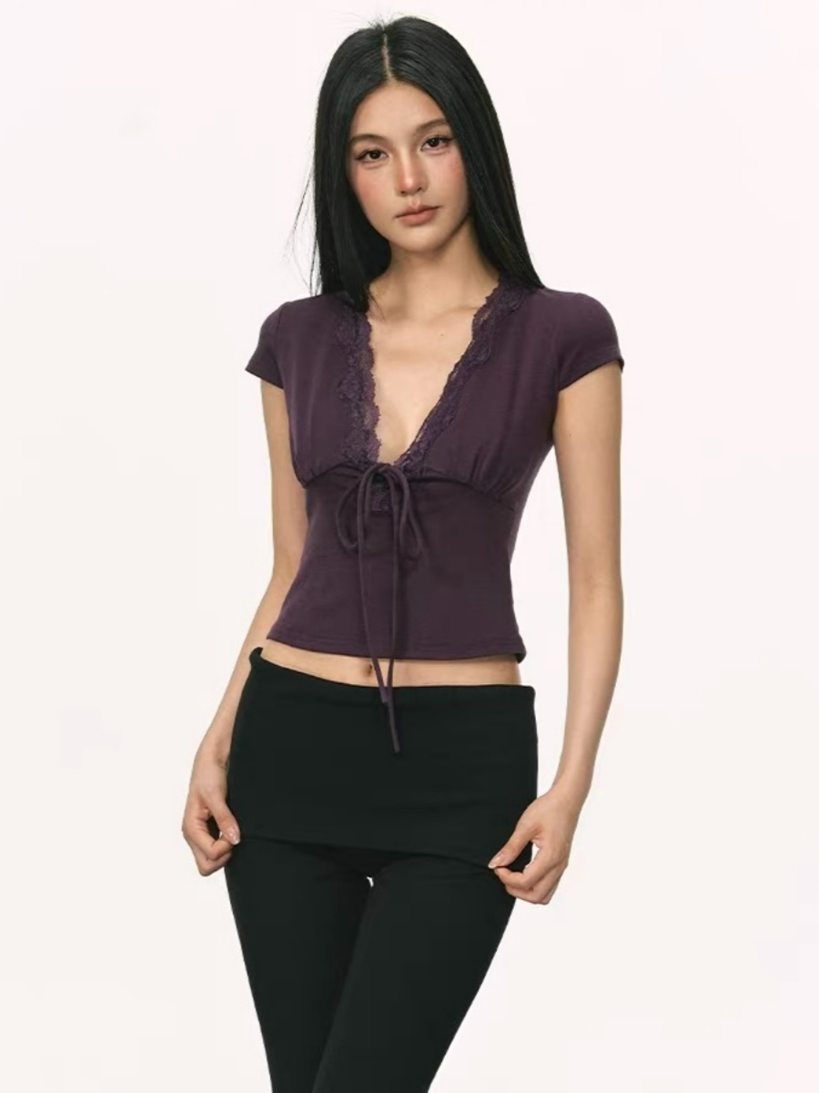 Omyra Deep-V Cut Lacey Trim Top