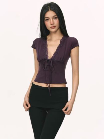 Omyra Deep-V Cut Lacey Trim Top