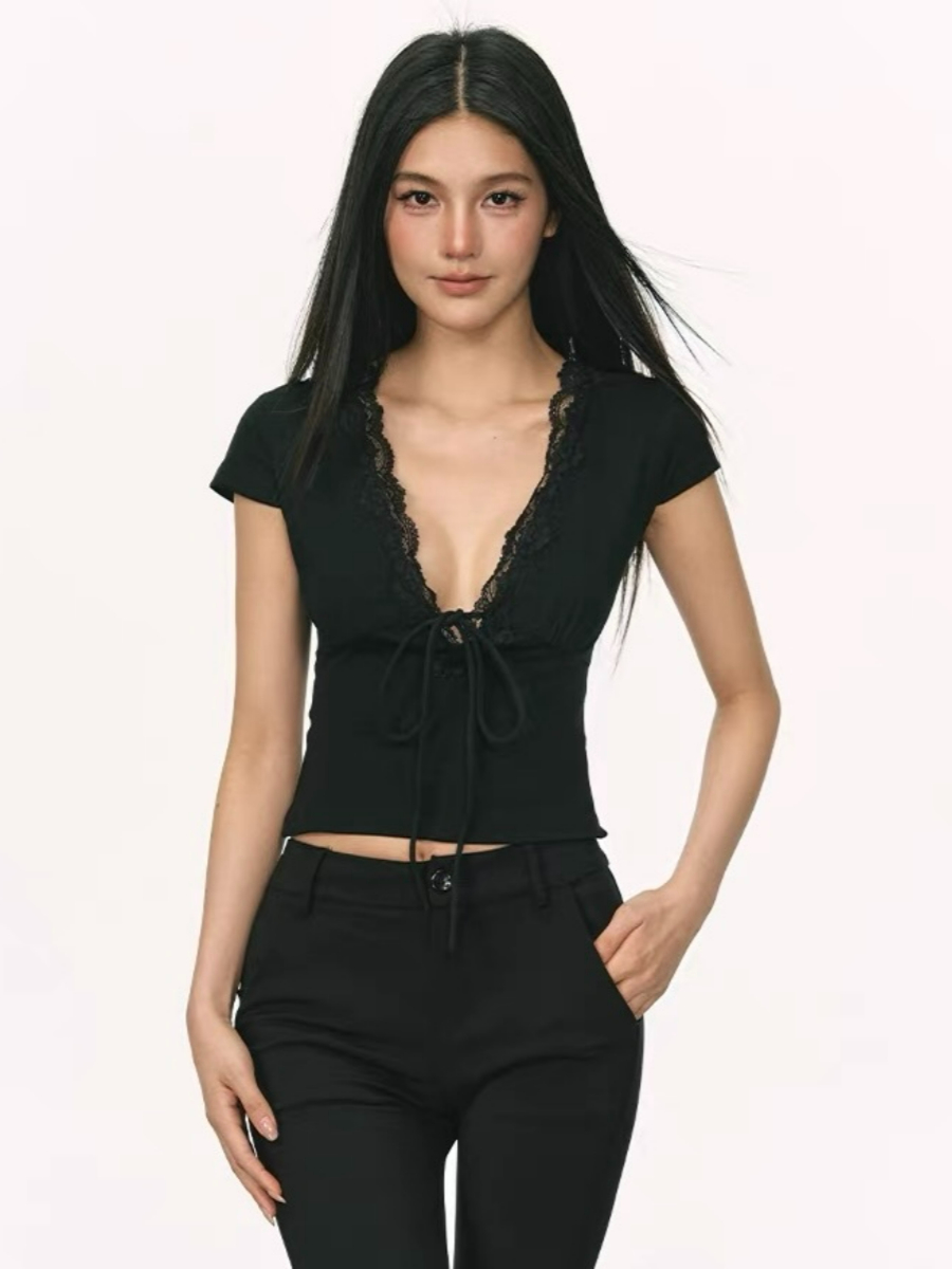 Omyra Deep-V Cut Lacey Trim Top