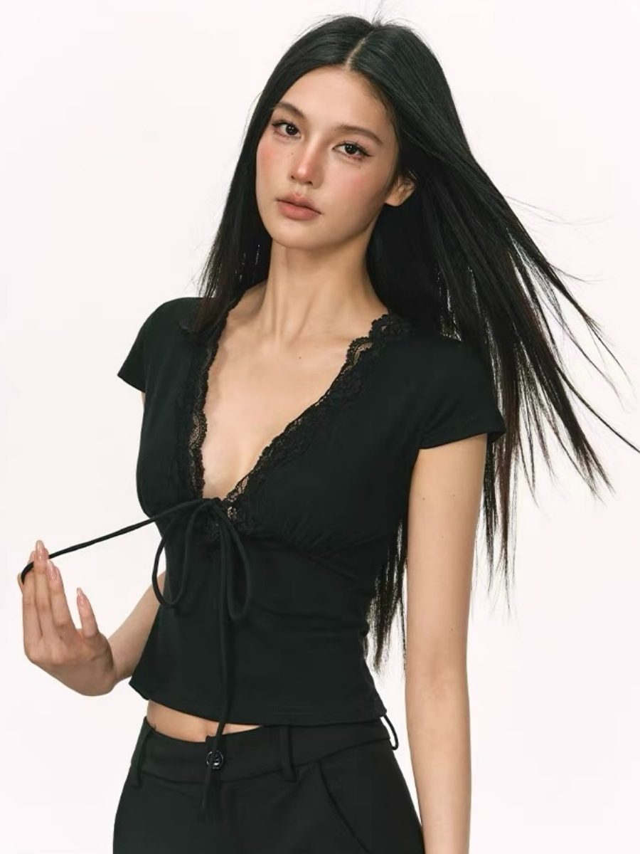 Omyra Deep-V Cut Lacey Trim Top
