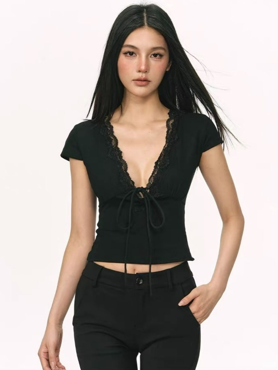 Omyra Deep-V Cut Lacey Trim Top