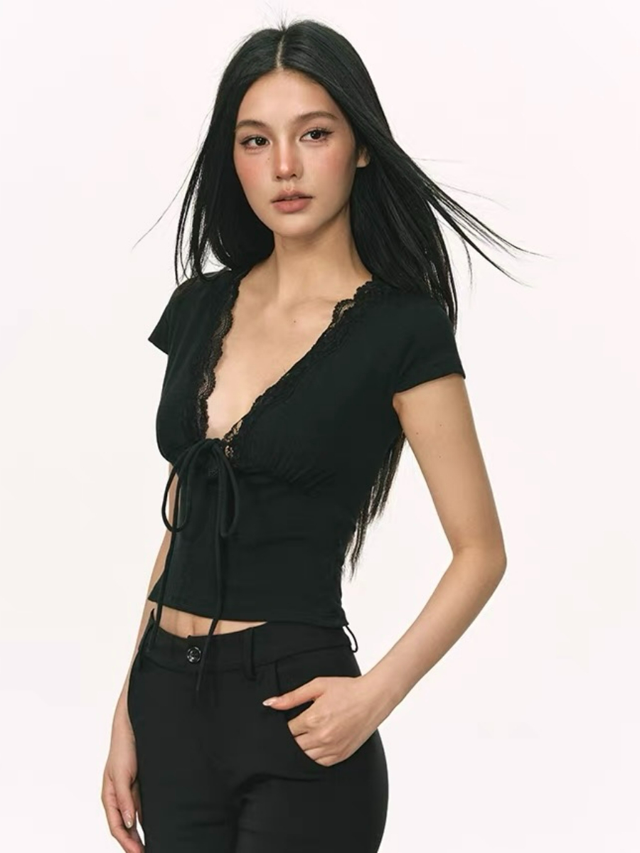 Omyra Deep-V Cut Lacey Trim Top