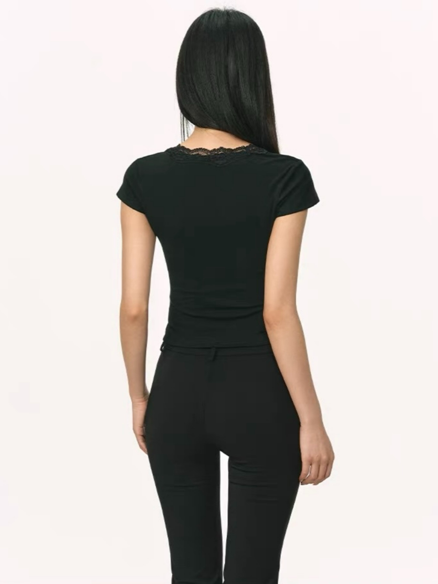 Omyra Deep-V Cut Lacey Trim Top