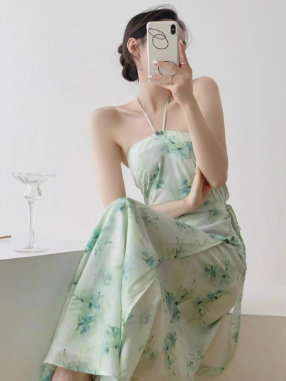 Xi Shi Halter Neck Top & Waist Tie Skirt Set-The Black Bow-
