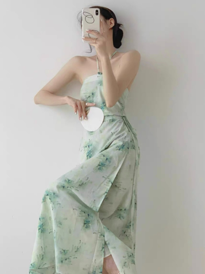 Xi Shi Halter Neck Top & Waist Tie Skirt Set-The Black Bow-