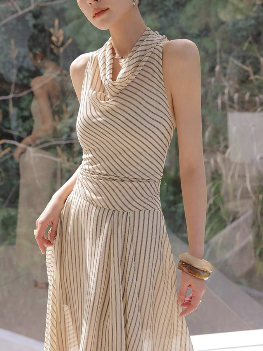 Xenz Halter Neck Stripe A-Line Dress