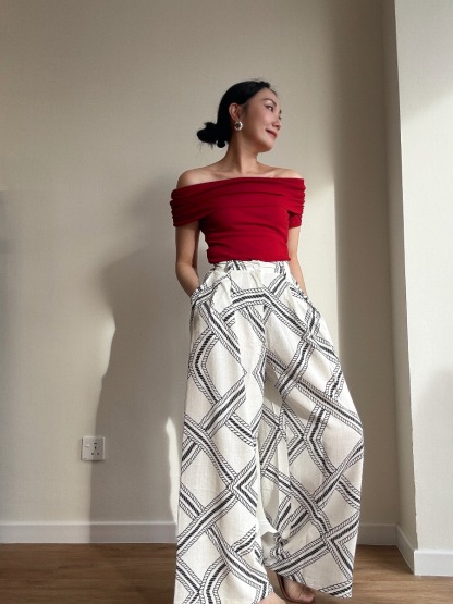 London Linen Texture Grid Wide Leg Pants