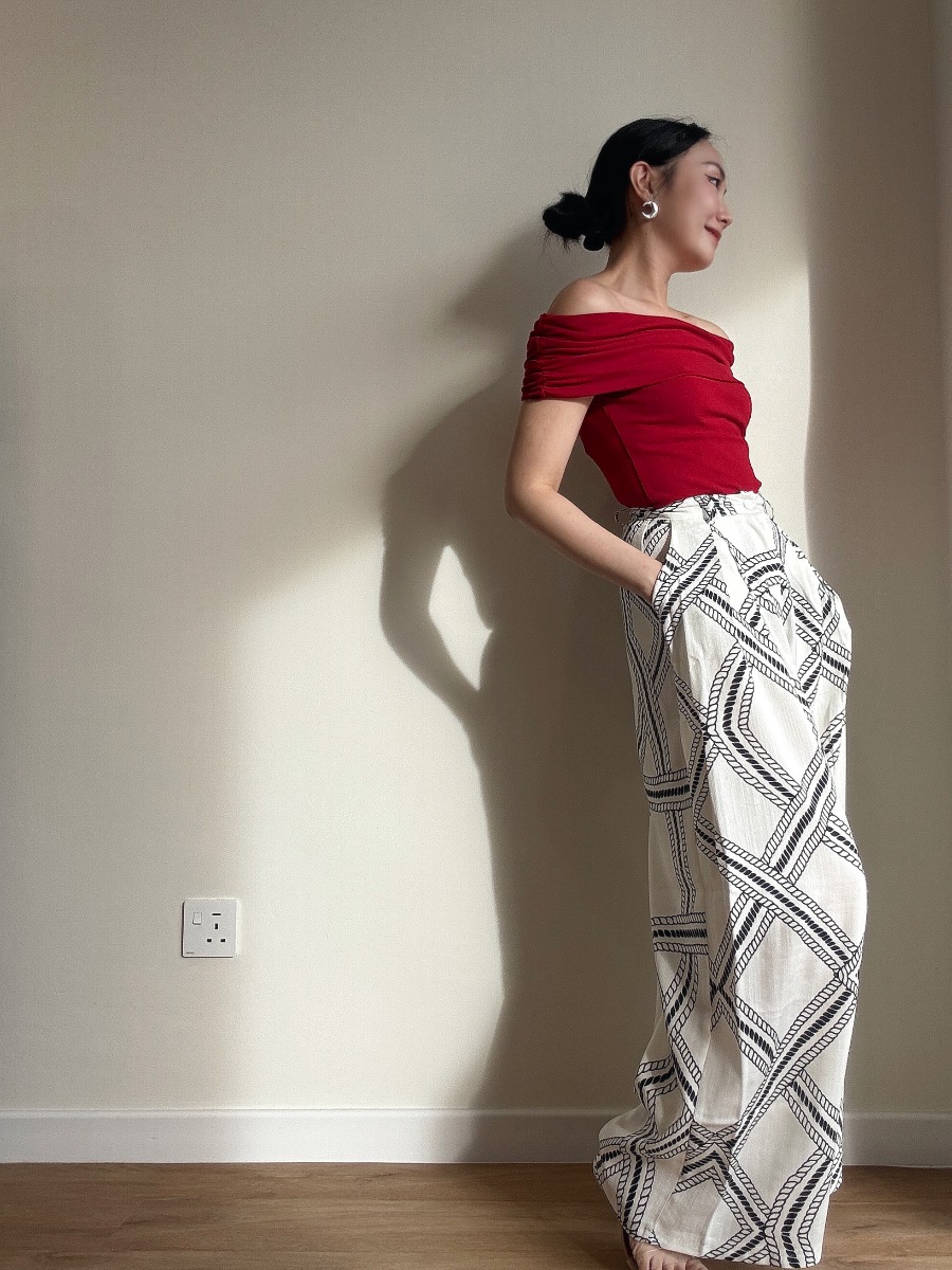 London Linen Texture Grid Wide Leg Pants