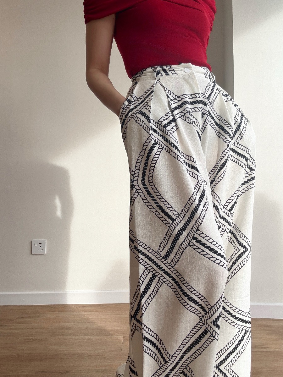 London Linen Texture Grid Wide Leg Pants