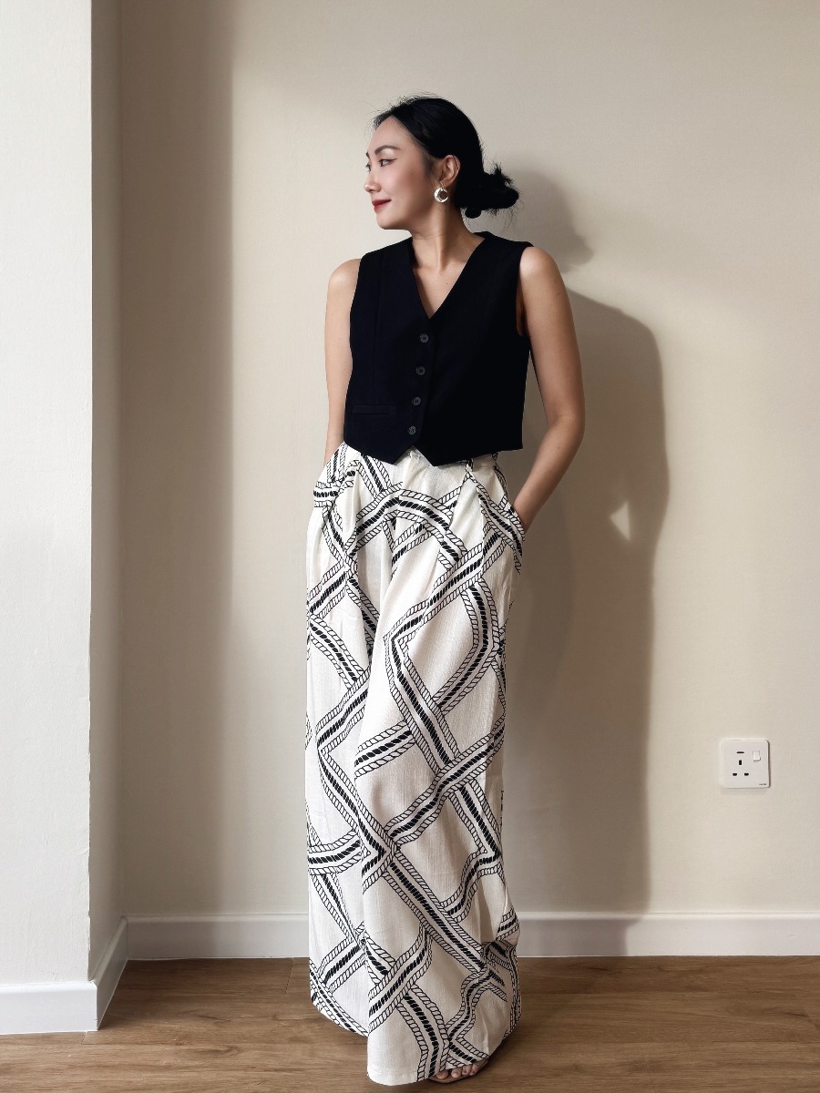 London Linen Texture Grid Wide Leg Pants