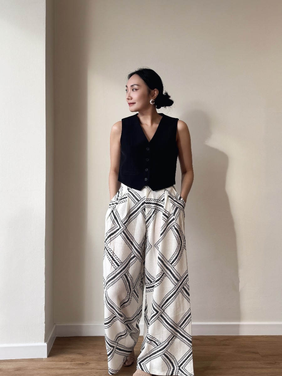 London Linen Texture Grid Wide Leg Pants