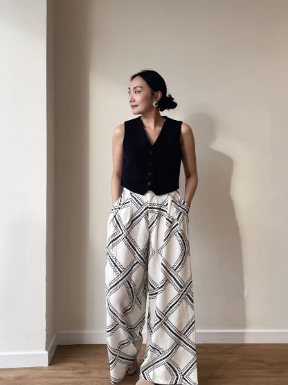 London Linen Texture Grid Wide Leg Pants