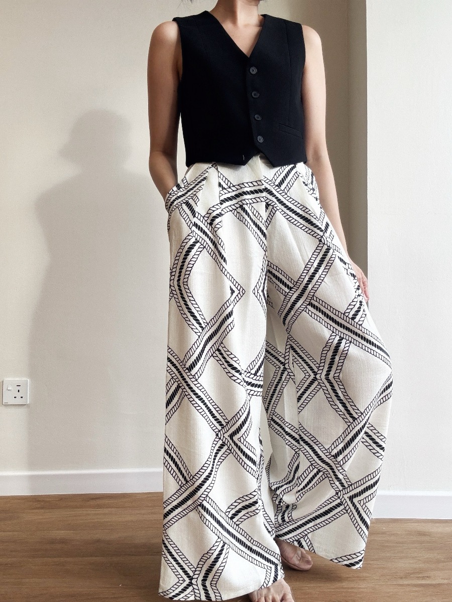London Linen Texture Grid Wide Leg Pants