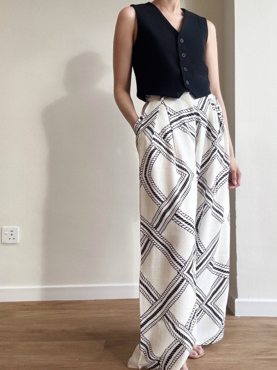London Linen Texture Grid Wide Leg Pants