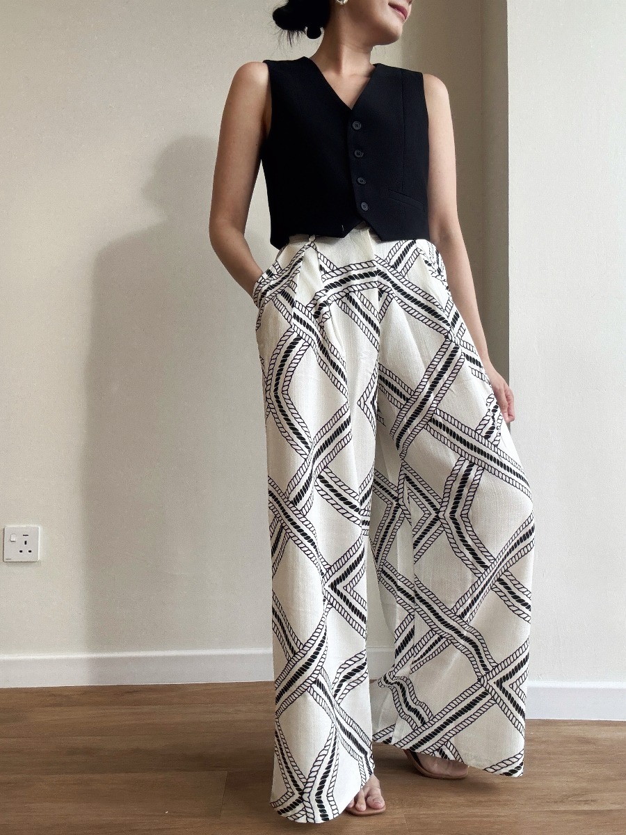 London Linen Texture Grid Wide Leg Pants