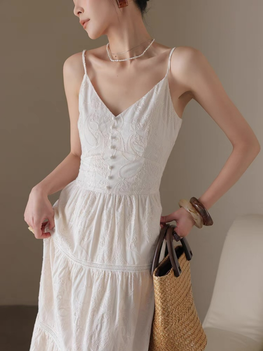 Xitalic Layered Graceful Embroided Flare Cami Dress-The Black Bow