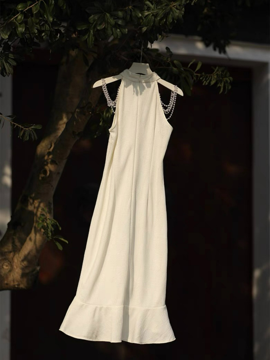 Ya Lian Halter Neck Asymmetric Ruffle Trim Oriental Dress with Pearl Embellishment-The Black Bow-