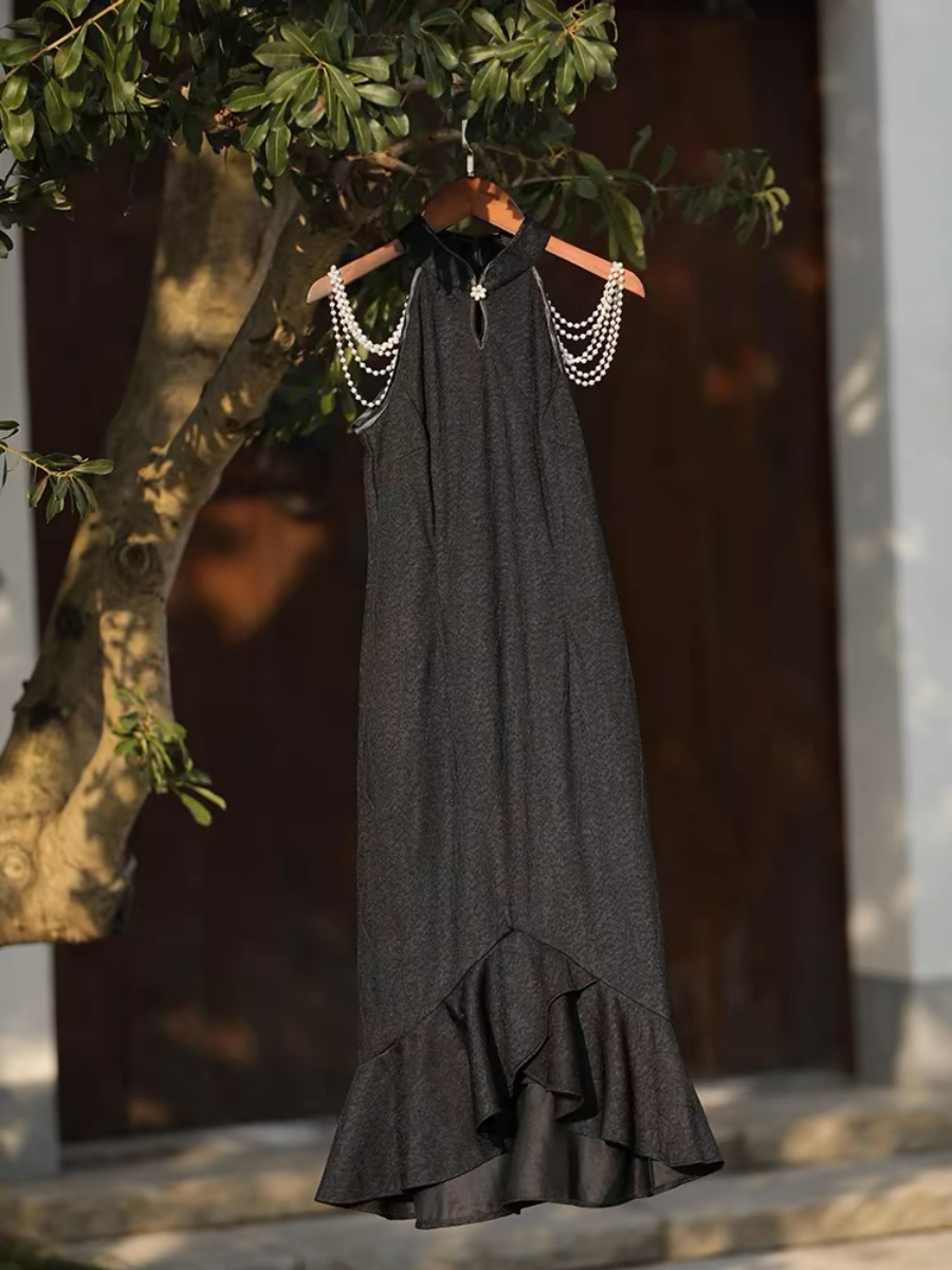 Ya Lian Halter Neck Asymmetric Ruffle Trim Oriental Dress with Pearl Embellishment-The Black Bow-
