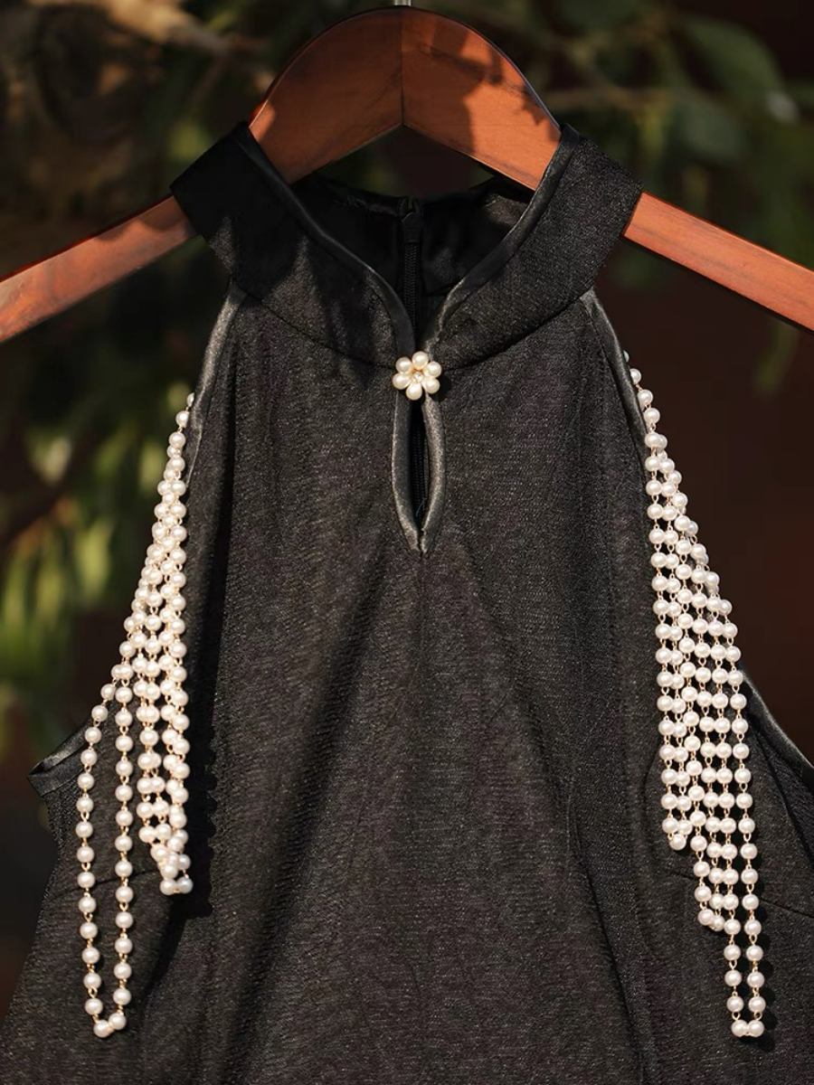 Ya Lian Halter Neck Asymmetric Ruffle Trim Oriental Dress with Pearl Embellishment-The Black Bow-